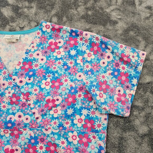 Ready 2 Wear Medical Scrub top womens large blue pink floral print nurse SS - Picture 4 of 15